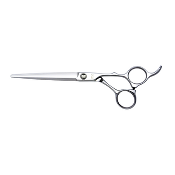 Kasho Sagano Series 7.0″ Offset Hairdressing Scissors KSG‑70 OS, mirror‑polished ATS‑314 steel blades with green ceramic‑inlaid flat screw and ergonomic offset handle