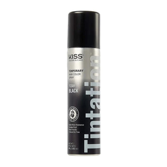 “Can of Kiss Tintation Root Cover‑Up Colour Spray 2.82 oz in black, sleek aerosol design with olive oil and Kiss logo.”