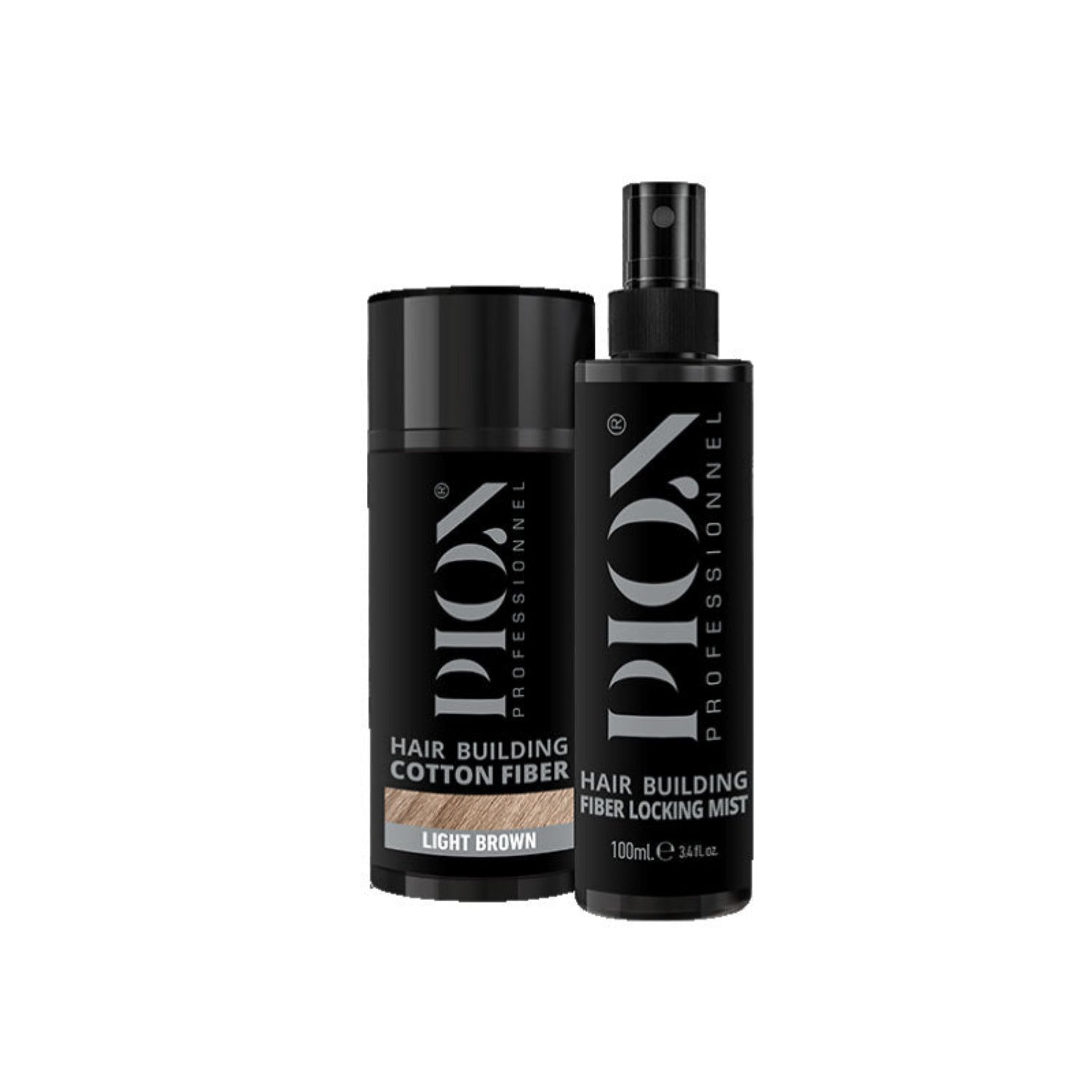 Pion Hair Building Fiber & Locking Mist Spray Set - Black 20g + 100ml, designed to enhance hair thickness and volume with natural fibers and long-lasting mist spray.