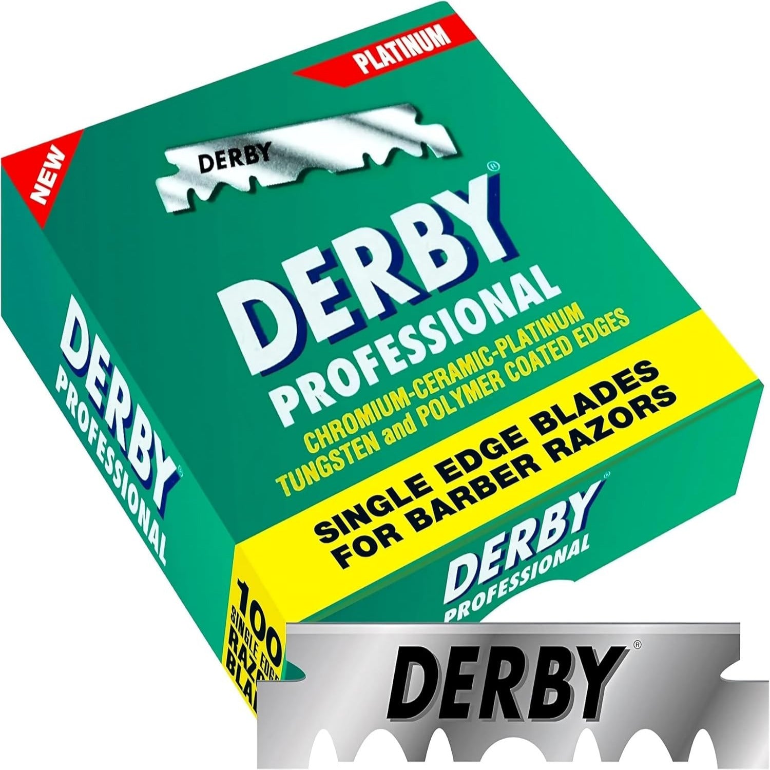 Box of 100 Derby Professional single-edge razor blades – individually wax‑paper wrapped, stainless steel with Teflon coating
