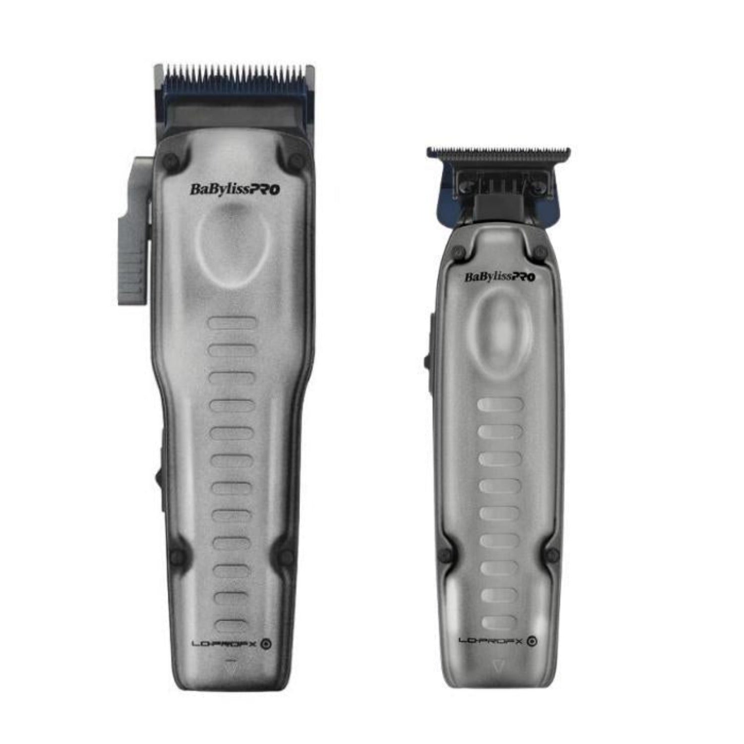  BaBylissPRO FXONE LoPROFX Clipper & Trimmer Combo FX829 and FX729 in sleek black and gold design, displayed side-by-side with charging base and accessories.