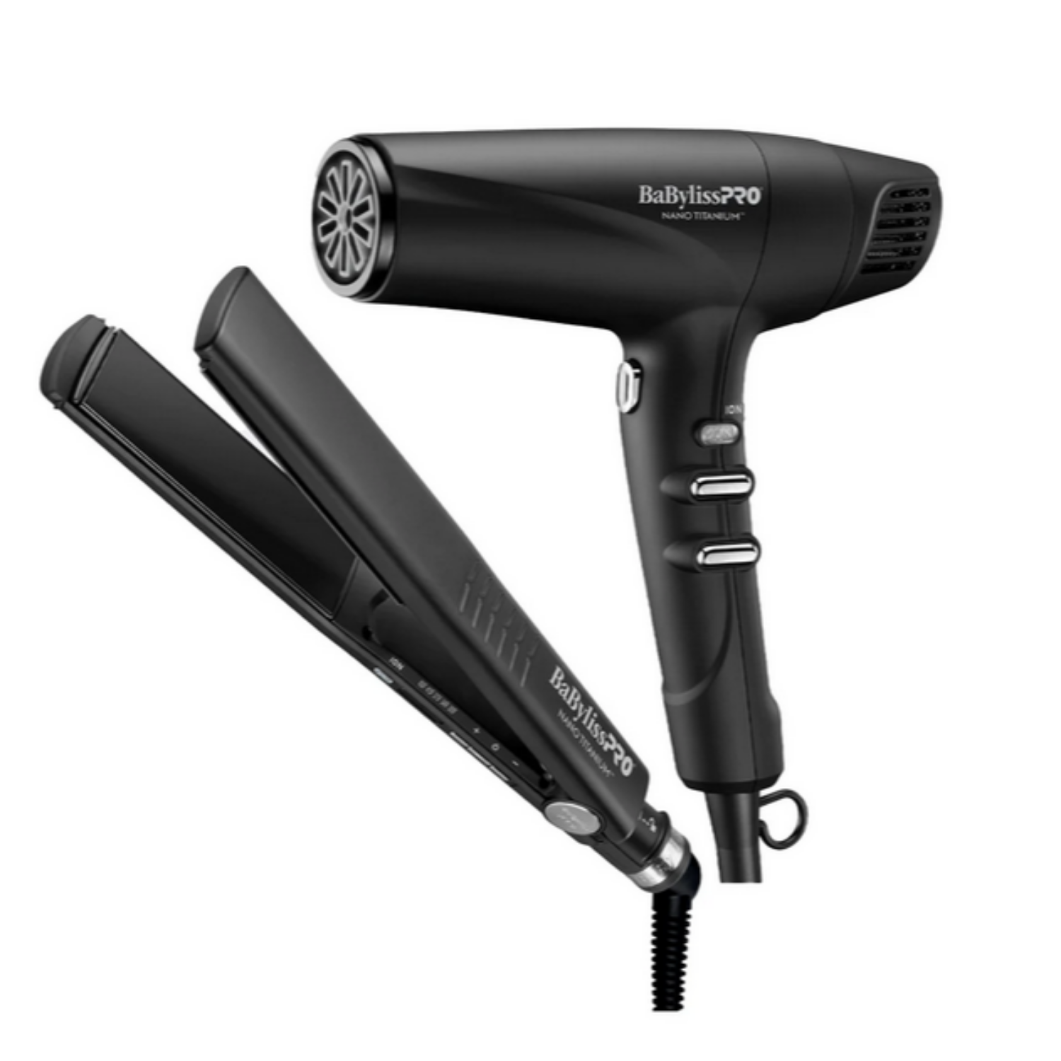  BaBylissPRO Nano Titanium Combo Duo - Dual Ionic Hairdryer and Flat Iron Set in Matte Black.