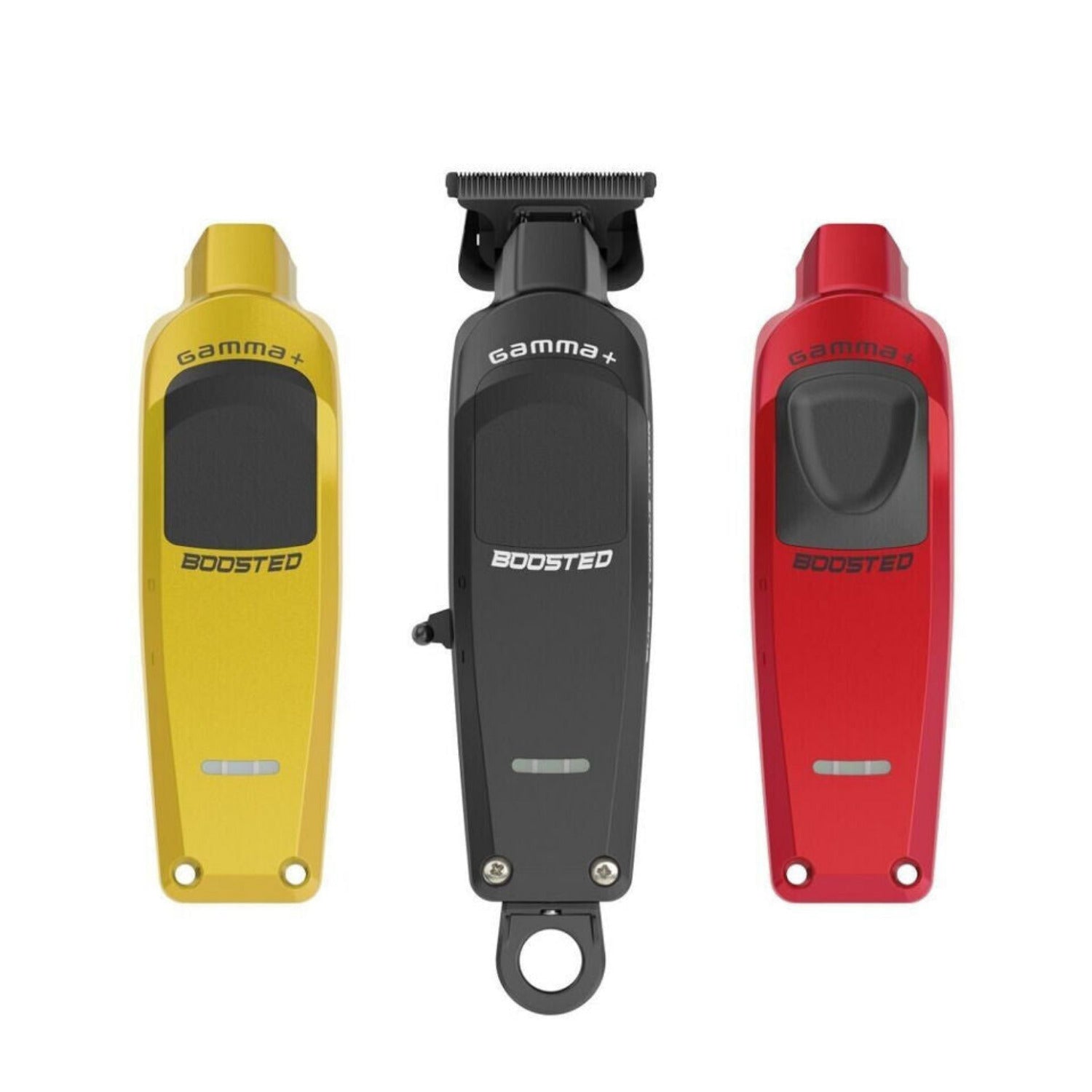 Gamma+ Boosted Cordless Trimmer GP402M with Super Torque Motor, featuring interchangeable black, red, and gold lids, charging stand, and accessories.