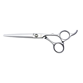 Close-up photograph of Kasho Sagano KSG‑65 OS 6.5‑inch offset hair cutting shears with mirror-polished blades, ergonomic handle, finger rest and ceramic inlay tension screw